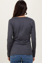 Charcoal Brushed Knit V-Neck Long Sleeve Top