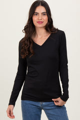 Black Brushed Knit V-Neck Long Sleeve Top