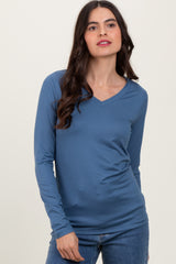 Blue Brushed Knit V-Neck Long Sleeve Maternity Top