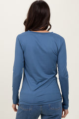 Blue Brushed Knit V-Neck Long Sleeve Top