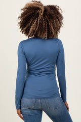 Blue Brushed Knit V-Neck Long Sleeve Maternity Top