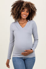 Heather Grey Brushed Knit V-Neck Long Sleeve Maternity Top