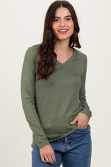 Olive Brushed Knit V-Neck Long Sleeve Maternity Top