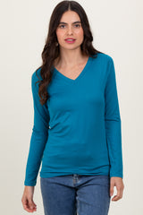 Teal Brushed Knit V-Neck Long Sleeve Top