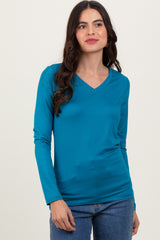 Teal Brushed Knit V-Neck Long Sleeve Top