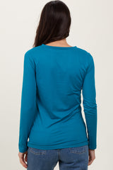 Teal Brushed Knit V-Neck Long Sleeve Top