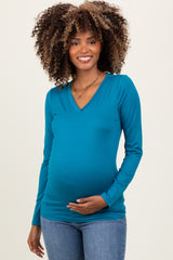 Teal Brushed Knit V-Neck Long Sleeve Maternity Top