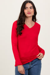 Red Brushed Knit V-Neck Long Sleeve Top