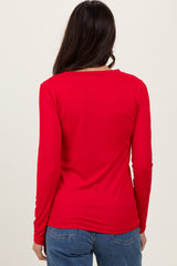 Red Brushed Knit V-Neck Long Sleeve Top