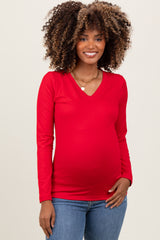 Red Brushed Knit V-Neck Long Sleeve Maternity Top