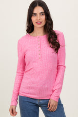 Fuchsia Ribbed Knit Button Long Sleeve Top