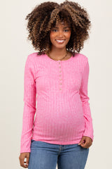 Fuchsia Ribbed Knit Button Long Sleeve Maternity Top