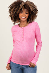 Fuchsia Ribbed Knit Button Long Sleeve Maternity Top