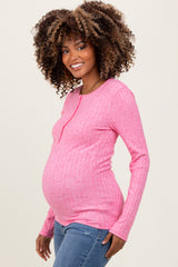 Fuchsia Ribbed Knit Button Long Sleeve Maternity Top