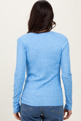 Blue Ribbed Knit Button Long Sleeve Top