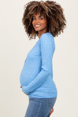 Blue Ribbed Knit Button Long Sleeve Maternity Top