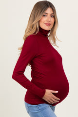 Burgundy Brushed Knit Basic Turtleneck Maternity Top