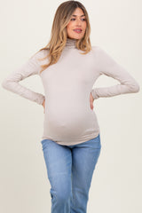 Cream Brushed Knit Basic Turtleneck Maternity Top