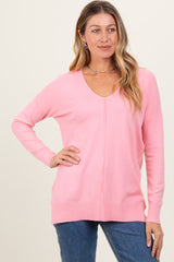 Peach Front Seam V-Neck Side Slit Sweater