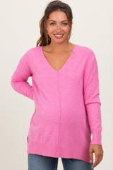 Pink Coral Front Seam V-Neck Side Slit Maternity Sweater