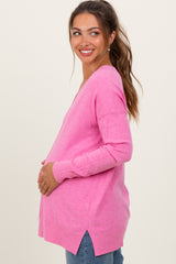 Pink Coral Front Seam V-Neck Side Slit Maternity Sweater