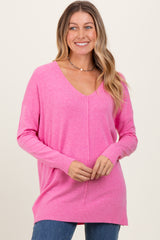 Pink Coral Front Seam V-Neck Side Slit Maternity Sweater