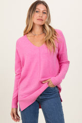 Pink Coral Front Seam V-Neck Side Slit Sweater