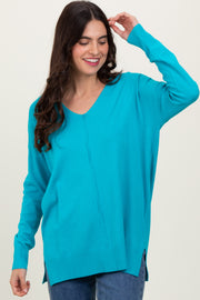 Jade Front Seam V-Neck Side Slit Sweater