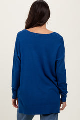 Navy Front Seam V-Neck Side Slit Sweater