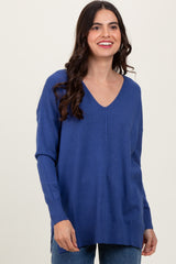 Light Navy Front Seam V-Neck Side Slit Sweater