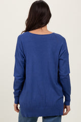 Light Navy Front Seam V-Neck Side Slit Sweater