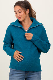 Deep Teal Half Zip Maternity Pullover Sweater