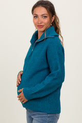 Deep Teal Half Zip Maternity Pullover Sweater