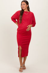 Red Ribbed Knit Asymmetric Top Midi Skirt Maternity Set