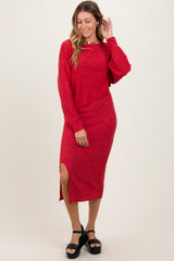 Red Ribbed Knit Asymmetric Top Midi Skirt Set