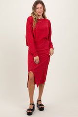 Red Ribbed Knit Asymmetric Top Midi Skirt Set