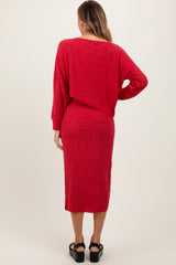 Red Ribbed Knit Asymmetric Top Midi Skirt Set