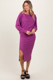 Plum Ribbed Knit Asymmetric Top Midi Skirt Set