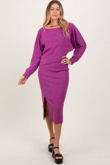 Plum Ribbed Knit Asymmetric Top Midi Skirt Set