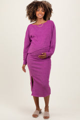 Plum Ribbed Knit Asymmetric Top Midi Skirt Maternity Set