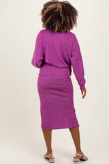 Plum Ribbed Knit Asymmetric Top Midi Skirt Maternity Set