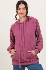 Mauve Ribbed Front Pocket Maternity Drawstring Hoodie