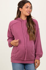 Mauve Ribbed Front Pocket Maternity Drawstring Hoodie