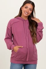 Mauve Ribbed Front Pocket Maternity Drawstring Hoodie