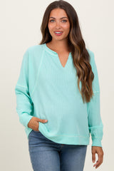 Mint Oversized V-Neck Waffle Knit Maternity Long Sleeve Top