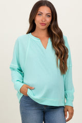 Mint Oversized V-Neck Waffle Knit Maternity Long Sleeve Top