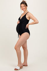 Black Crossover V-Neck Sash Tie Ruched Maternity Swimsuit