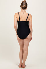 Black Crossover V-Neck Sash Tie Ruched Maternity Swimsuit