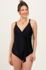 Black Crossover V-Neck Sash Tie Ruched Maternity Swimsuit