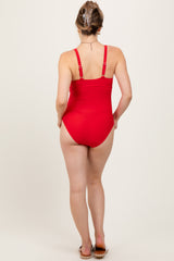 Red Crossover V-Neck Sash Tie Ruched Maternity Swimsuit